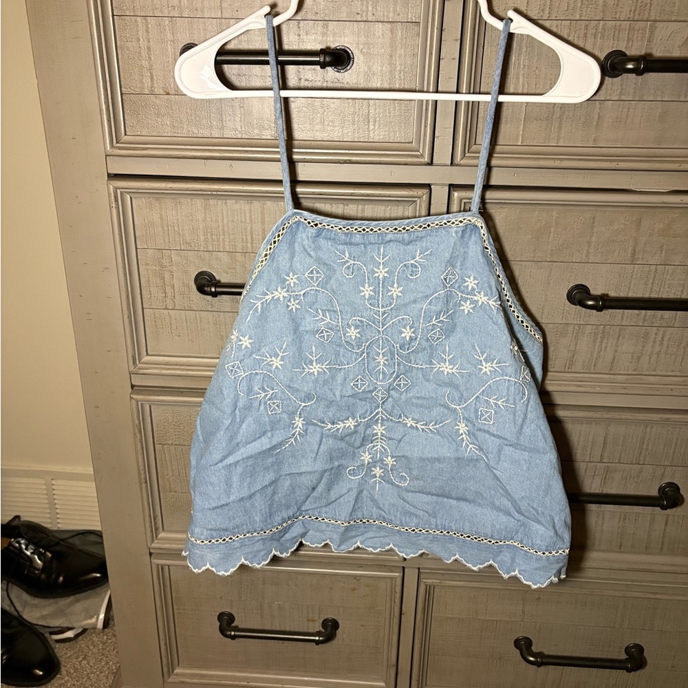 American Eagle Outfitters Blue Embroidered Tank Top